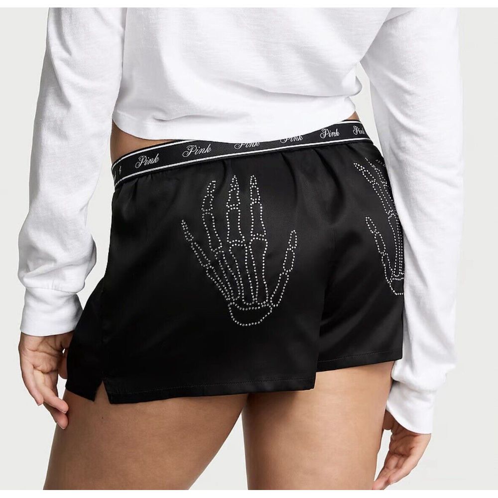 Victoria's Secret PINK Boxy Pajama Shorts Black Skeleton Diamante SMALL- NWT
